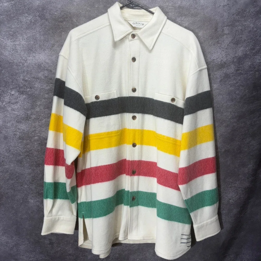 Orvis Hudson Bay Style Striped Shirt Jacket Mens Size M Cream Blanket Retro